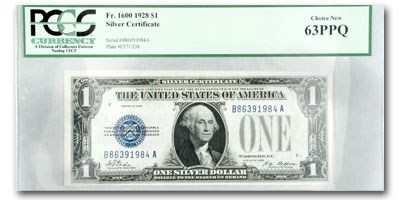 1928 $1.00 Silver Certificate Funny Back CU-63 PPQ PCGS 1928 $1.00 Silver Certificate Funny Back CU-63 PPQ PCGS