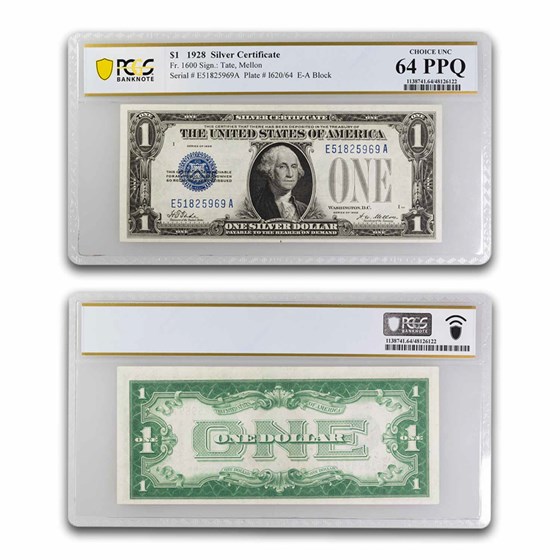 1928 $1.00 Silver Certificate Gem CU-64 PPQ PCGS (Fr#1600) 1928 $1.00 Silver Certificate Gem CU-64 PPQ PCGS (Fr#1600)