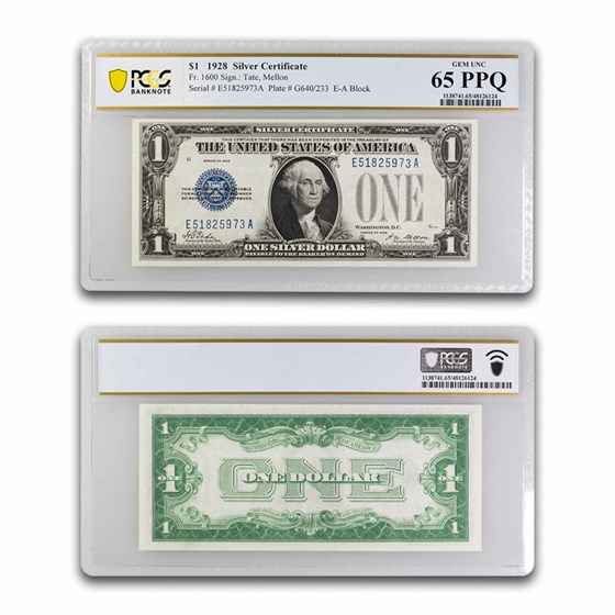 1928 $1.00 Silver Certificate Gem CU-65 PPQ PCGS (Fr#1600) 1928 $1.00 Silver Certificate Gem CU-65 PPQ PCGS (Fr#1600)
