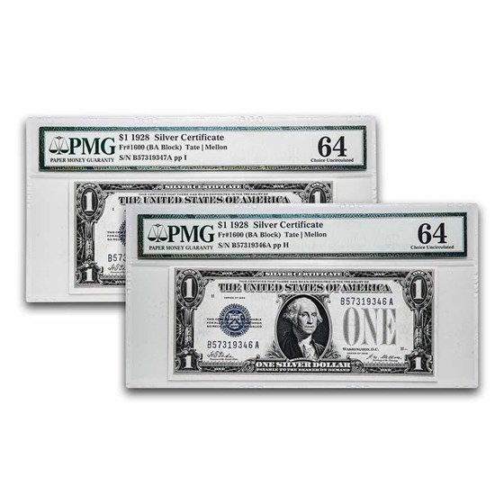 1928 $1.00 Silver Certificates Ch CU-64 PMG (Fr#1600) 2 Consec 1928 $1.00 Silver Certificates Ch CU-64 PMG (Fr#1600) 2 Consec