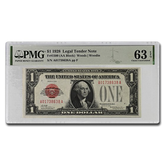 1928 $1.00 U.S. Note Legal Tender CU-63 EPQ PMG (Fr#1500) 1928 $1.00 U.S. Note Legal Tender CU-63 EPQ PMG (Fr#1500)