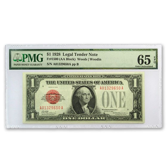 1928 $1.00 U.S. Note Legal Tender CU-65 EPQ PMG (Fr#1500) 1928 $1.00 U.S. Note Legal Tender CU-65 EPQ PMG (Fr#1500)