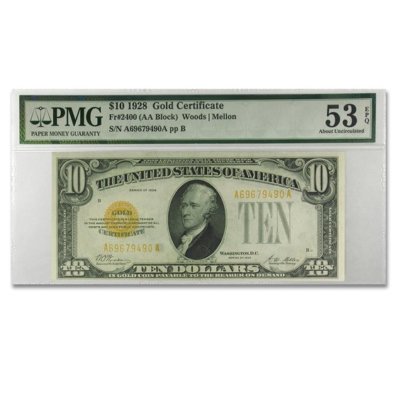 1928 $10 Gold Certificate AU-53 EPQ PMG (Fr#2400) 1928 $10 Gold Certificate AU-53 EPQ PMG (Fr#2400)