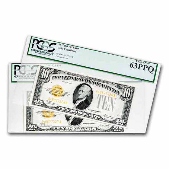 1928 $10 Gold Certificate CU-63/64 PPQ PCGS (Fr#2400)Consec Pair 1928 $10 Gold Certificate CU-63/64 PPQ PCGS (Fr#2400)Consec Pair