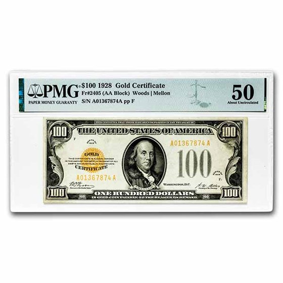 1928 $100 Gold Certificate AU-50 PMG (Fr#2405) 1928 $100 Gold Certificate AU-50 PMG (Fr#2405)