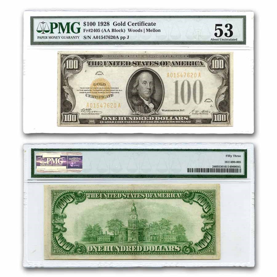 1928 $100 Gold Certificate AU-53 PMG (Fr#2405)