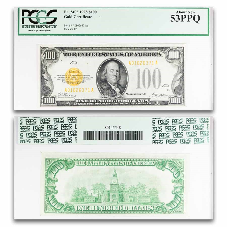 1928 $100 Gold Certificate AU-53 PPQ PCGS (Fr#2405)