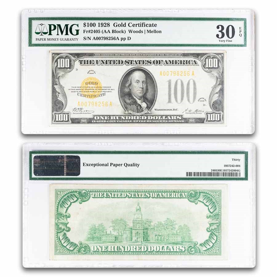 1928 $100 Gold Certificate VF-30 EPQ PMG (Fr#2405)