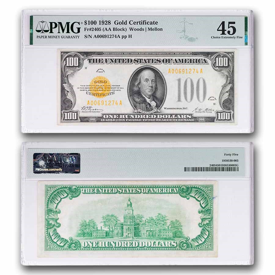 1928 $100 Gold Certificate XF-45 PMG (Fr#2405)
