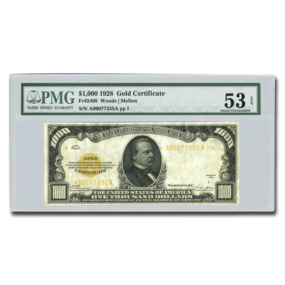 1928 $1000 Gold Certificate AU-53 EPQ PMG 1928 $1000 Gold Certificate AU-53 EPQ PMG