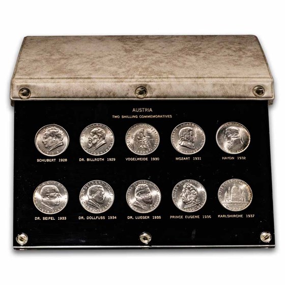 1928-1937 Austria Silver 2 Shillings Commemorative 10-Coin Set BU