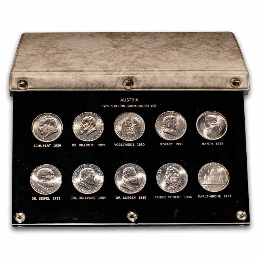 1928-1937 Austria Silver 2 Shillings Commemorative 10-Coin Set BU