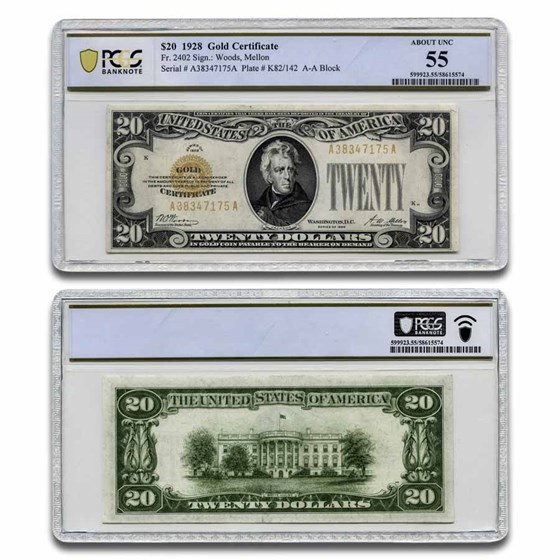 1928 $20 Gold Certificate AU-55 PCGS (Fr#2402)