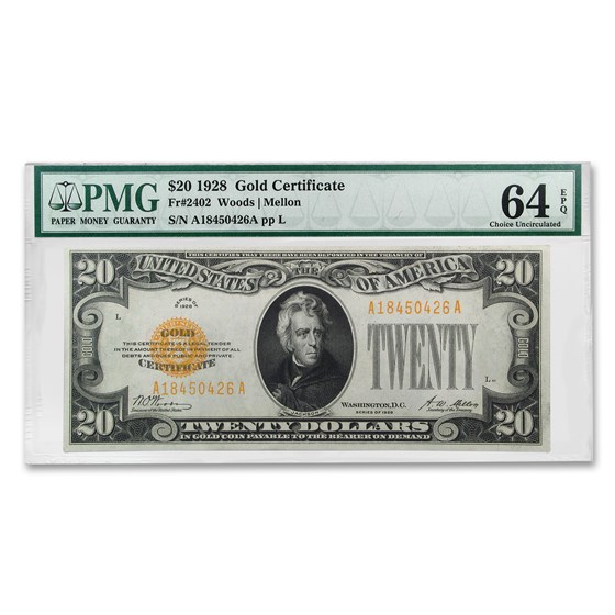 1928 $20 Gold Certificate CU-64 EPQ PMG (Fr#2402) 1928 $20 Gold Certificate CU-64 EPQ PMG (Fr#2402)