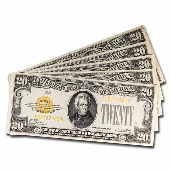 1928 $20 Gold Certificate CU (Fr#2402) 5 Consecutive 1928 $20 Gold Certificate CU (Fr#2402) 5 Consecutive