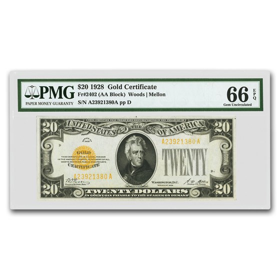 1928 $20 Gold Certificate Gem Unc-66 EPQ PMG (Fr#2402) 1928 $20 Gold Certificate Gem Unc-66 EPQ PMG (Fr#2402)
