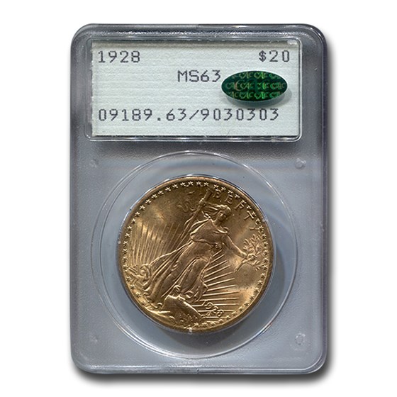 1928 $20 Saint-Gaudens Gold Double Eagle MS-63 PCGS CAC (Rattler)