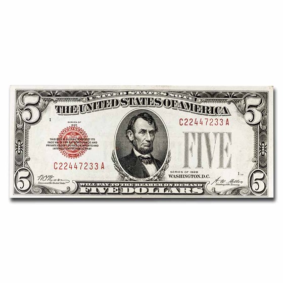 1928 $5.00 U.S. Note Red Seal AU (Fr#1525) 1928 $5.00 U.S. Note Red Seal AU (Fr#1525)