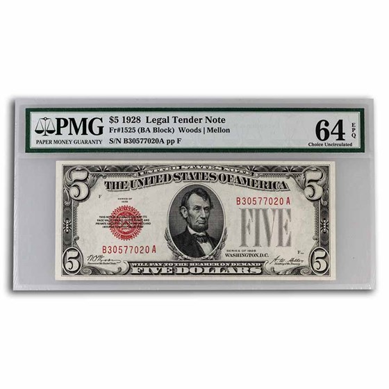 1928 $5.00 U.S. Note Red Seal CH CU-64 EPQ PMG (Fr#1525) 1928 $5.00 U.S. Note Red Seal CH CU-64 EPQ PMG (Fr#1525)