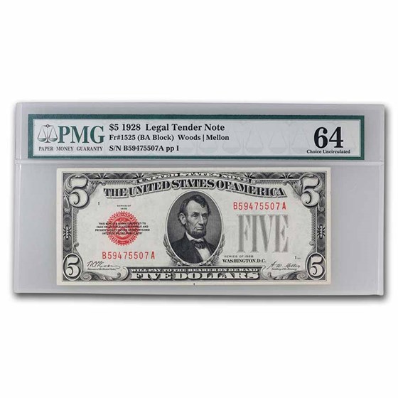 1928 $5.00 U.S. Note Red Seal CU-64 PMG (Fr#1525) 1928 $5.00 U.S. Note Red Seal CU-64 PMG (Fr#1525)