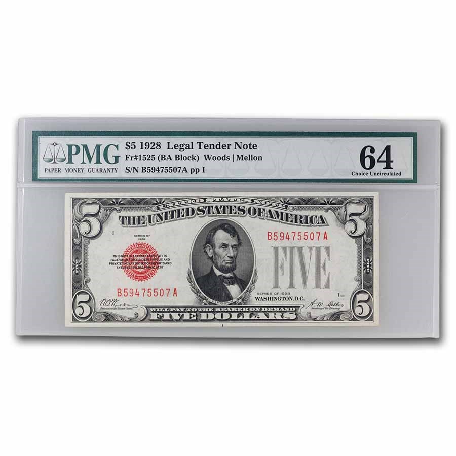 1928 $5.00 U.S. Note Red Seal CU-64 PMG (Fr#1525)