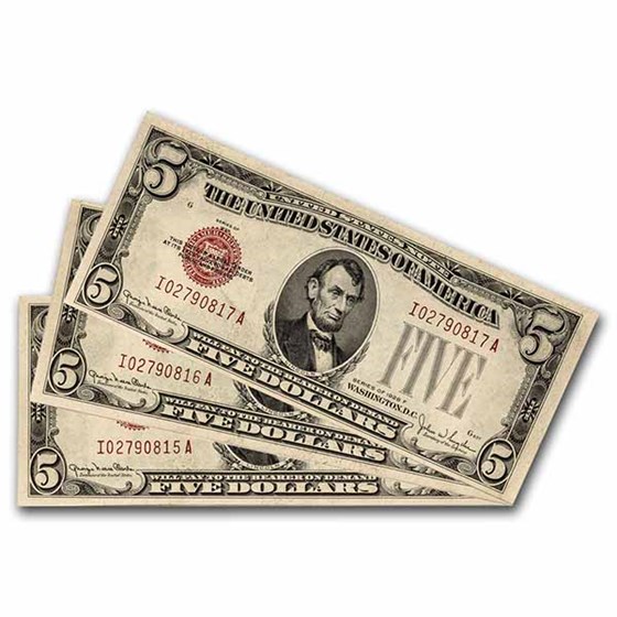 1928 $5.00 U.S. Note Red Seal GEM CU (Fr#1525) 3 Consecutive 1928 $5.00 U.S. Note Red Seal GEM CU (Fr#1525) 3 Consecutive