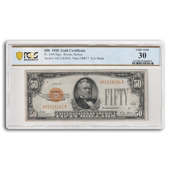 1928 $50 Gold Certificate VF-30 PCGS (Fr#2404) 1928 $50 Gold Certificate VF-30 PCGS (Fr#2404)