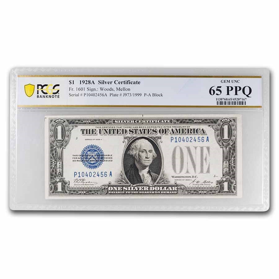 Buy 1928 a 1 00 silver certificates choice cu 65 ppq pcgs fr 1601