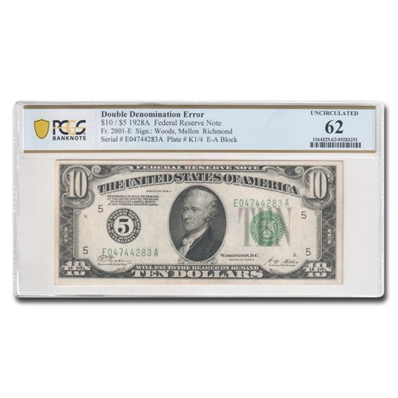 1928-A (5-Richmond) $10 FRN CU-62 PCGS (Fr#2001-E) DblDenom Error 1928-A (5-Richmond) $10 FRN CU-62 PCGS (Fr#2001-E) DblDenom Error
