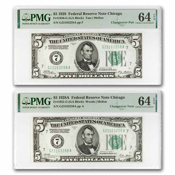 1928-A (7-Chicago) $5.00 FRN CU-64 EPQ PMG (Fr#1951-G) Changeover