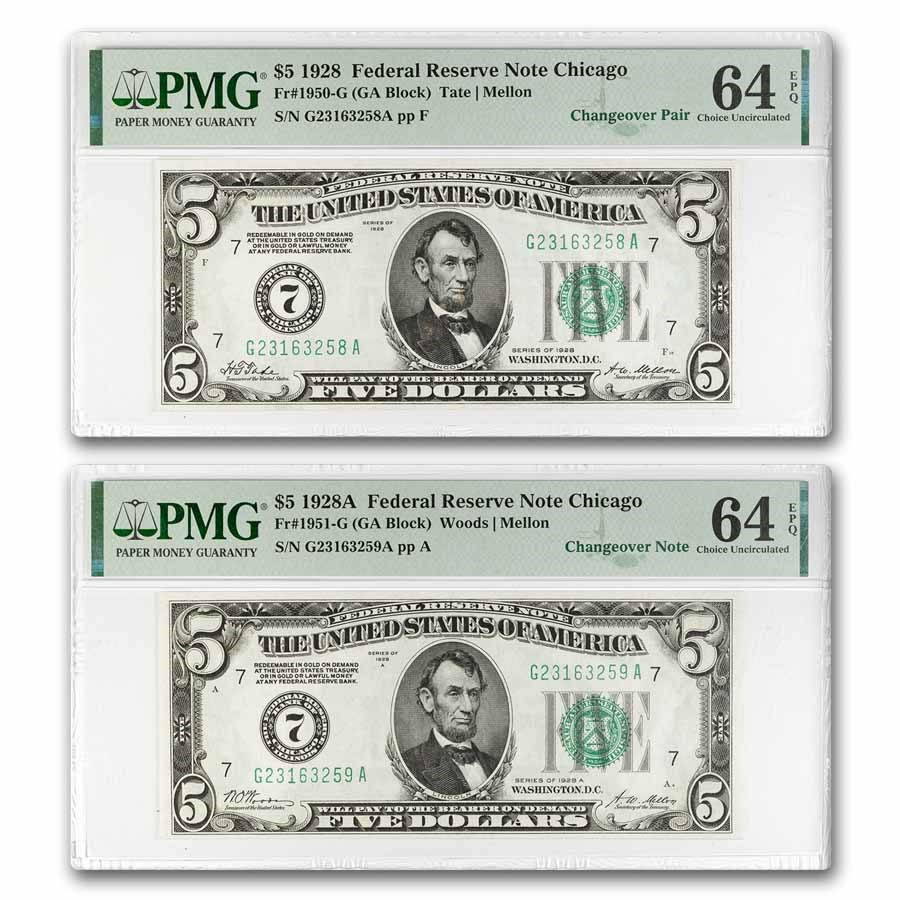 1928-A (7-Chicago) $5.00 FRN CU-64 EPQ PMG (Fr#1951-G) Changeover