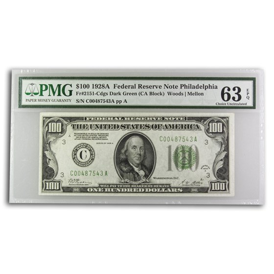 1928-A (C-Philiadelphia) $100 FRN Ch CU-63 EPQ PMG (Fr#2151-C) 1928-A (C-Philiadelphia) $100 FRN Ch CU-63 EPQ PMG (Fr#2151-C)