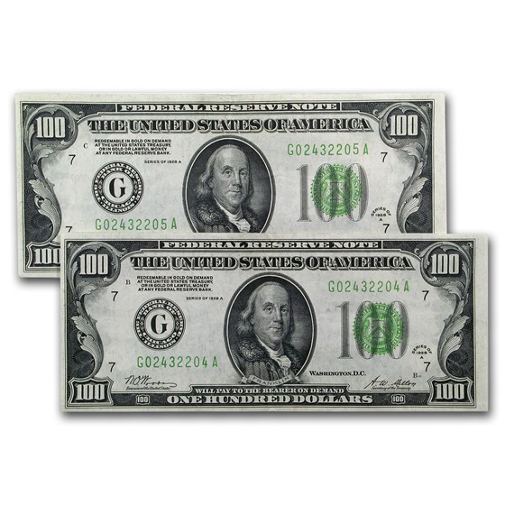 1928-A (G-Chicago) $100 FRN AU (Consecutive Pair) 1928-A (G-Chicago) $100 FRN AU (Consecutive Pair)
