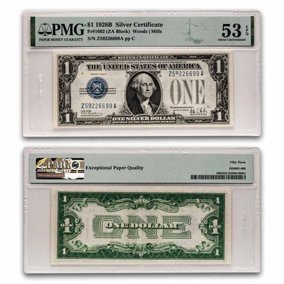 1928-B $1.00 Silver Certificates AU-53 EPQ PMG (Fr#1602)