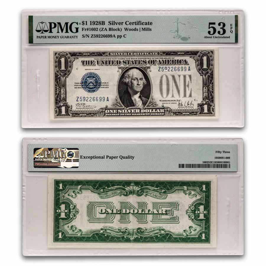 1928-B $1.00 Silver Certificates AU-53 EPQ PMG (Fr#1602)