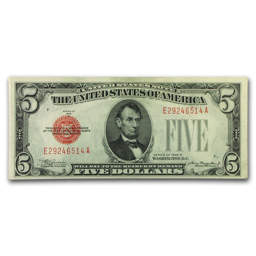 1928-B $5.00 U.S. Note Red Seal AU (Fr#1527)
