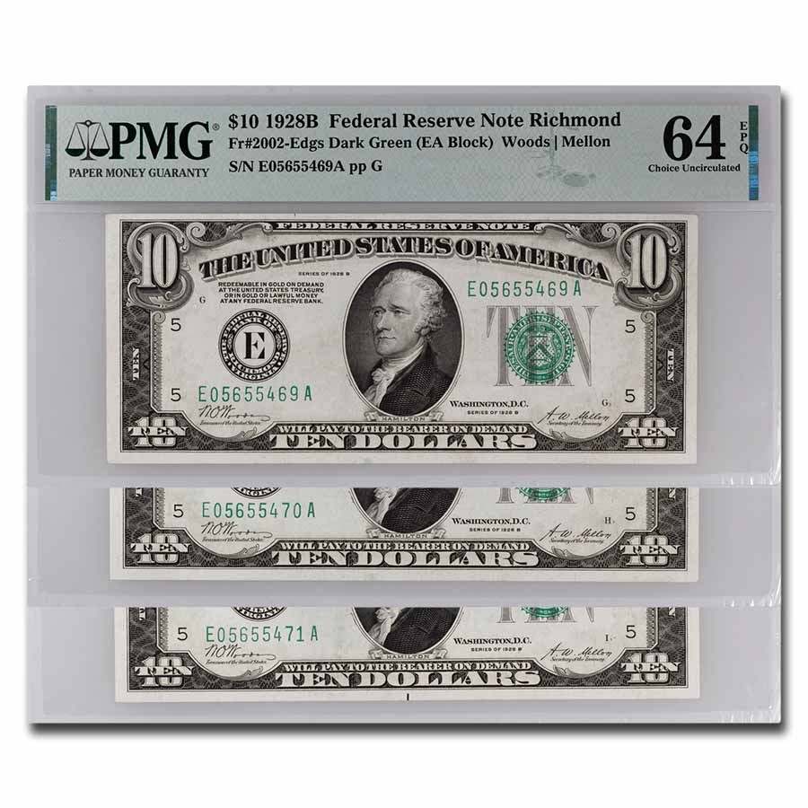 1928-B (E-Richmond) $10 FRN CU-64 EPQ (Fr#2002-E) 3 Consecutive!