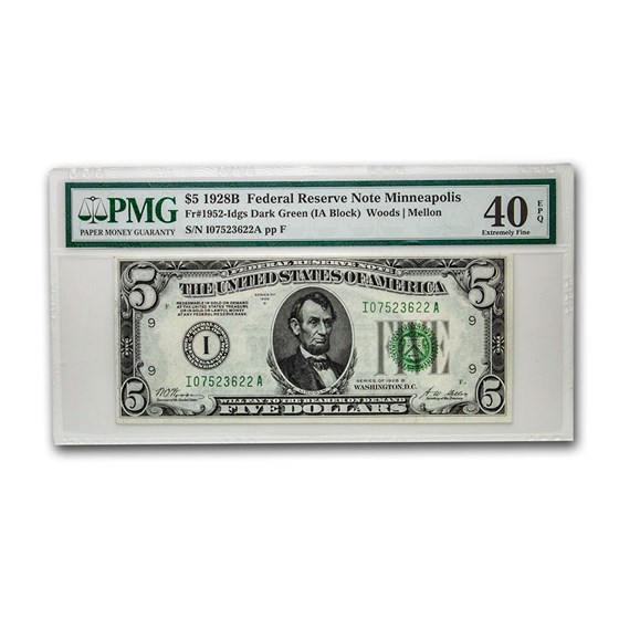 1928-B (I-Minneapolis) $5.00 FRN XF-40 EPQ PMG 1928-B (I-Minneapolis) $5.00 FRN XF-40 EPQ PMG