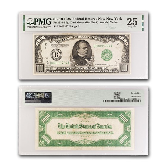 1928 (B-New York) $1,000 FRN VF-25 PMG 1928 (B-New York) $1,000 FRN VF-25 PMG