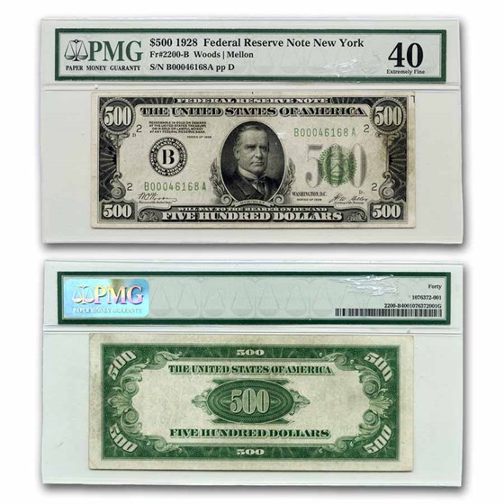 1928 (B-New York) $500 FRN XF-40 PMG (Fr#2200-B) 1928 (B-New York) $500 FRN XF-40 PMG (Fr#2200-B)