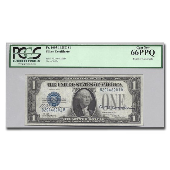 1928-C $1.00 Silver Cert CU-66 PPQ PCGS (Fr#1603) Autographs