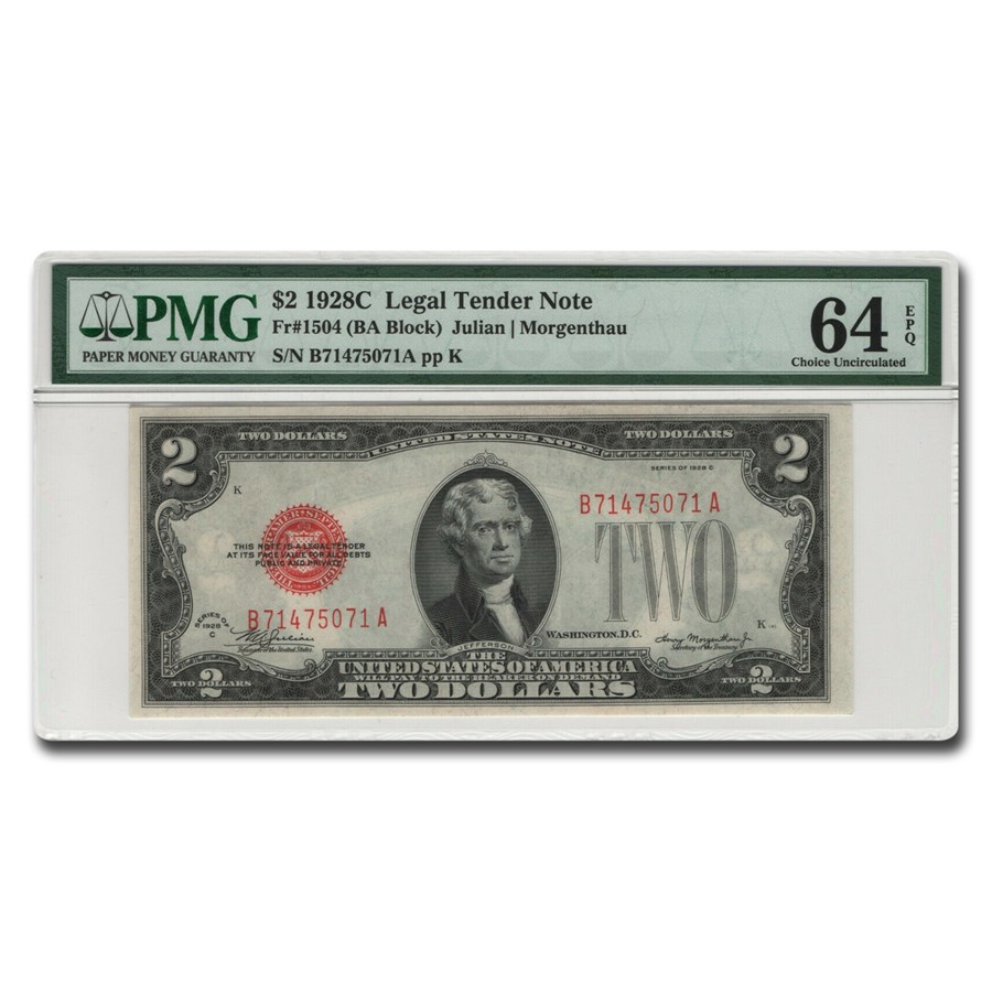 1928-C $2.00 U.S. Note Red Seal CU-64 EPQ PMG (Fr#1504)