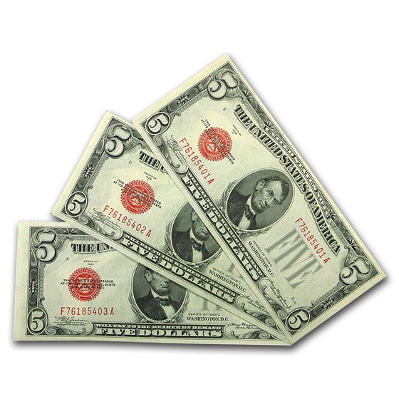 1928-C $5.00 U.S. Note Red Seal Ch Unc (3 Consecutive) 1928-C $5.00 U.S. Note Red Seal Ch Unc (3 Consecutive)