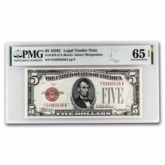 1928-C $5.00 U.S. Note Red Seal Gem CU-65 EPQ PMG (Fr#1528) 1928-C $5.00 U.S. Note Red Seal Gem CU-65 EPQ PMG (Fr#1528)