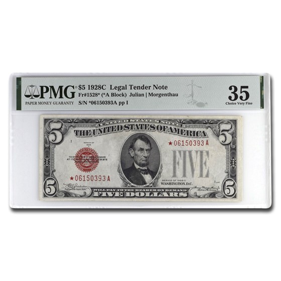 1928-C* $5.00 U.S. Note Red Seal VF-35 PMG (Fr#1528*) Star Note 1928-C* $5.00 U.S. Note Red Seal VF-35 PMG (Fr#1528*) Star Note