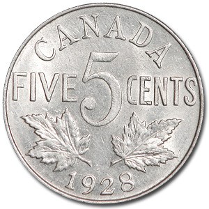 1928 Canada 5 Cents George V AU