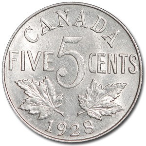 1928 Canada 5 Cents George V AU 1928 Canada 5 Cents George V AU