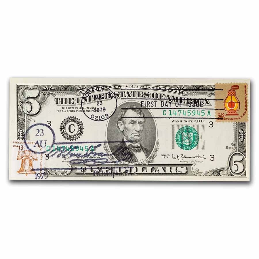 Buy 1928-Current $5.00 FRN CU (w/Stamp and Cancelled Stamp) | APMEX