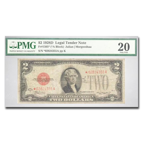 1928-D* $2.00 U.S. Note Red Seal VF-20 PMG (Fr#1505*) Star Note 1928-D* $2.00 U.S. Note Red Seal VF-20 PMG (Fr#1505*) Star Note