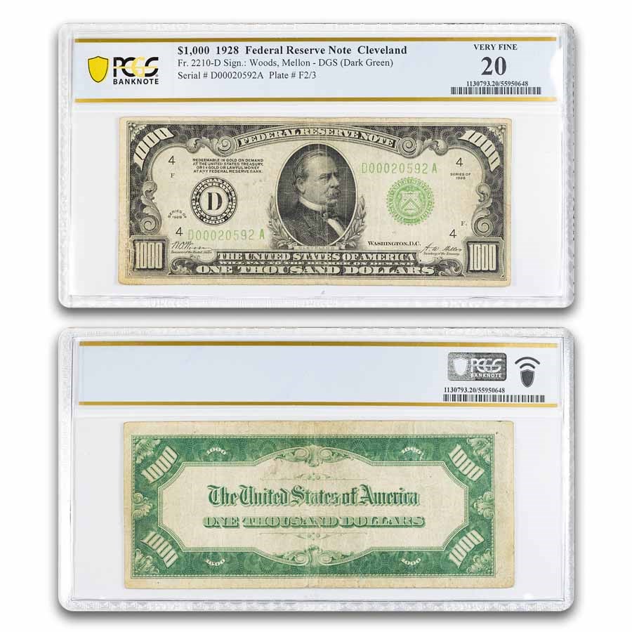1928 (D-Cleveland) $1,000 FRN VF-20 PCGS (Fr#2210-D)